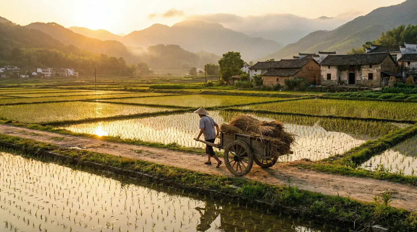 春暖花开永久地址 - 金色夕阳下的乡村田野，老农推着木车行走在田埂上